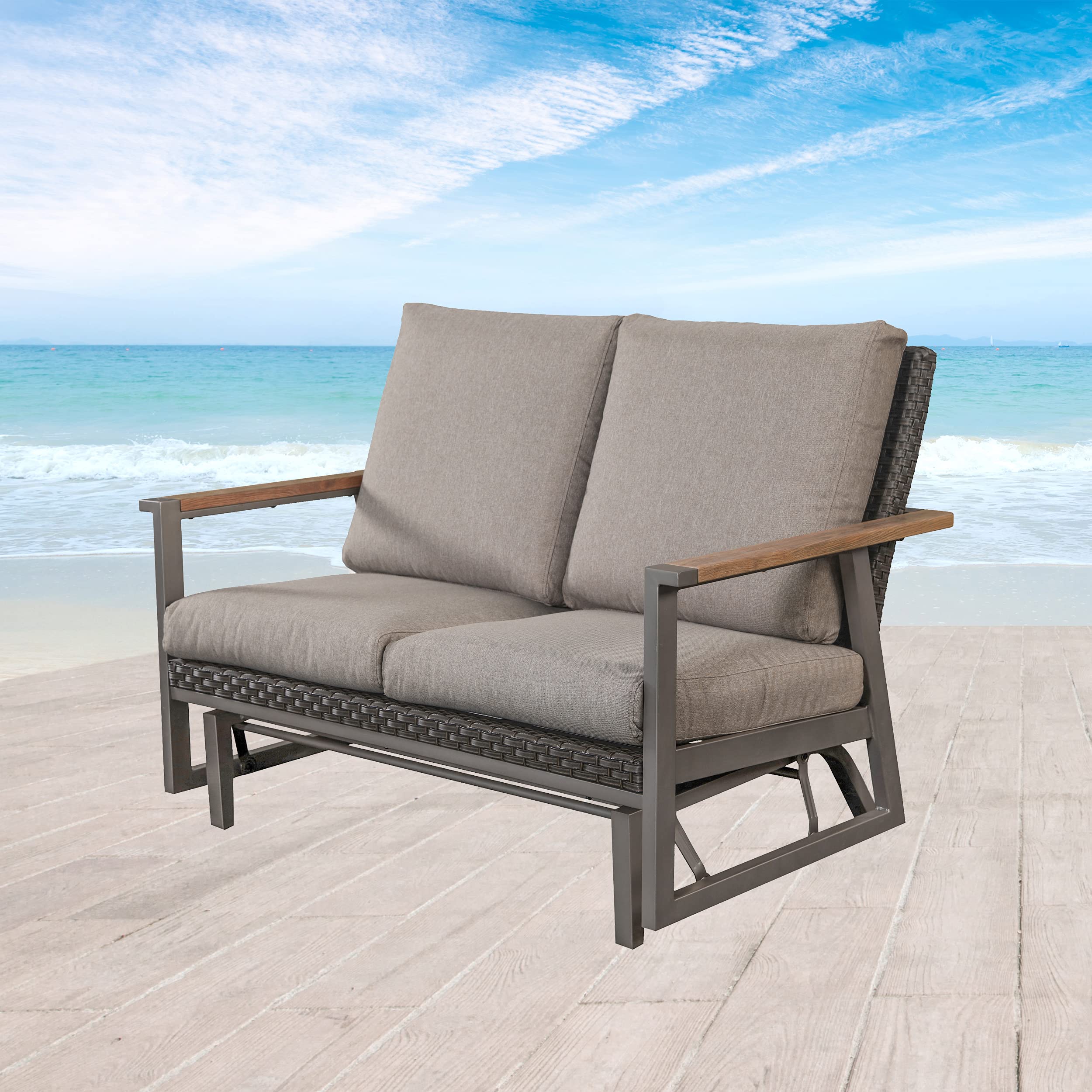 Patio Glider Loveseat Stable Steel Frame 2 Person Bench with Wooden Arms