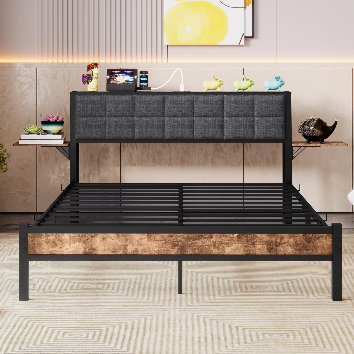 with Ergonomic Upholstered Headboard and Charging Station, Platform Bed Frame