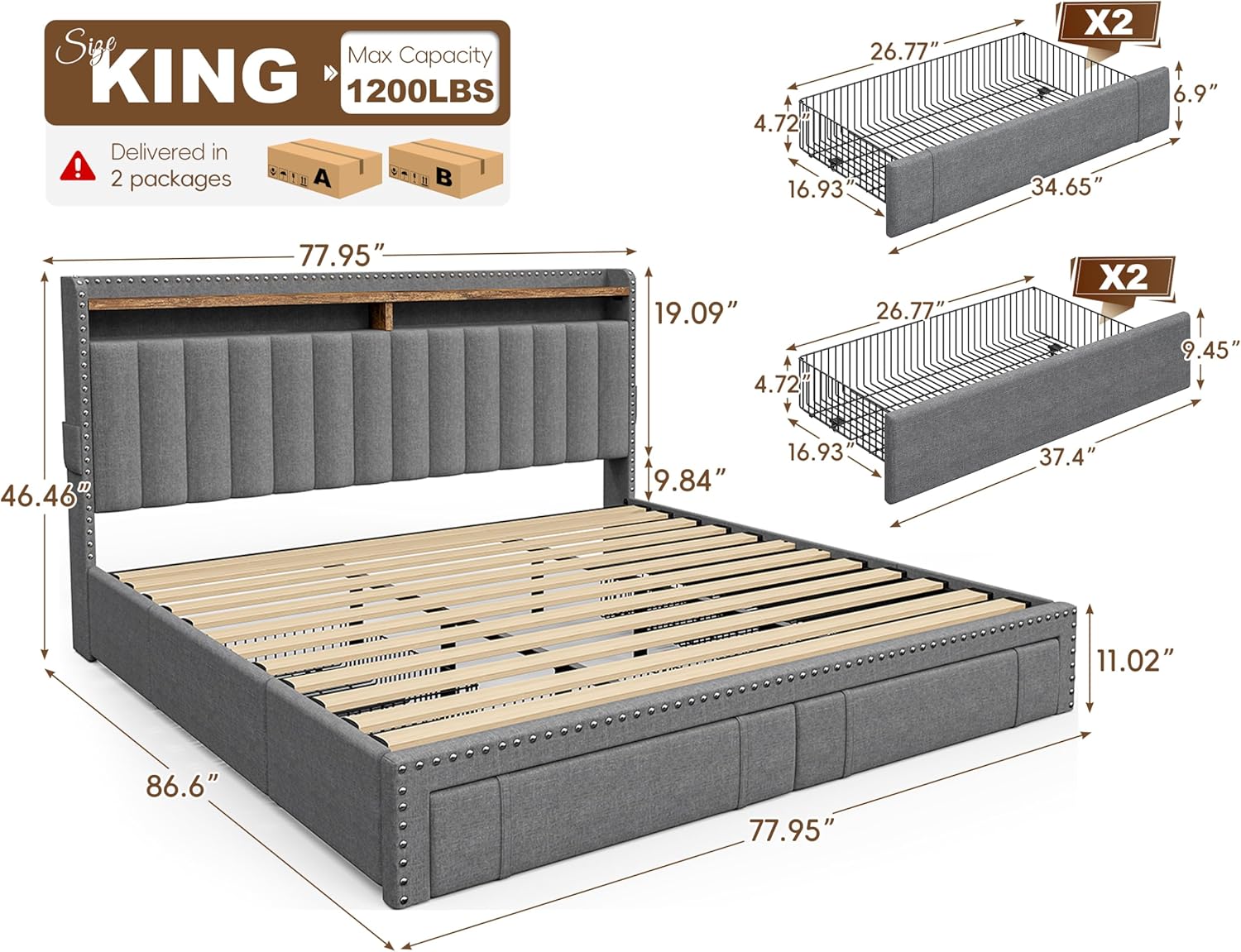 King Size Upholstered Bed Frame with 4 Storage Drawers and Headboard Shelves