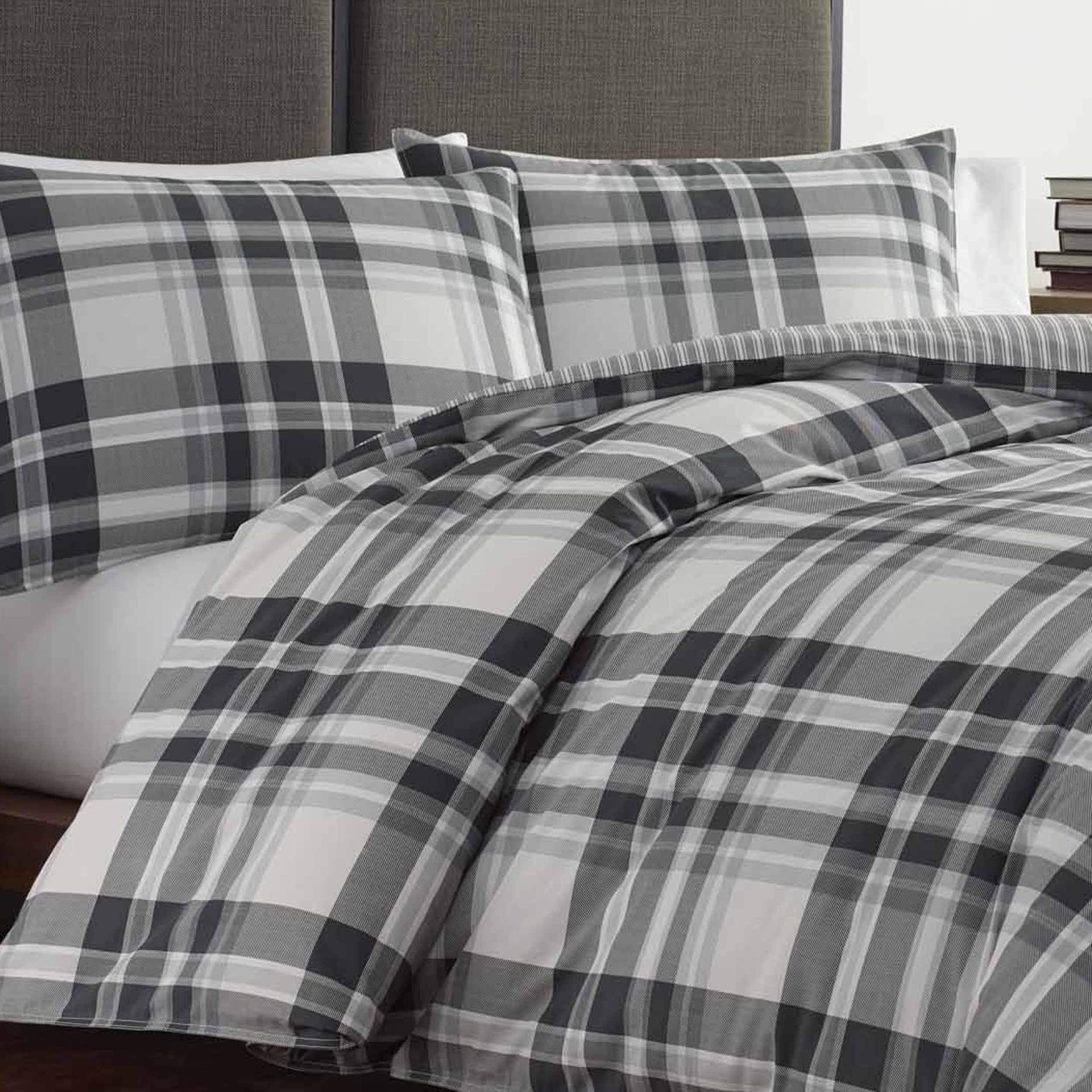 King Comforter Set - Cotton Reversible Plaid Bedding with Matching Shams