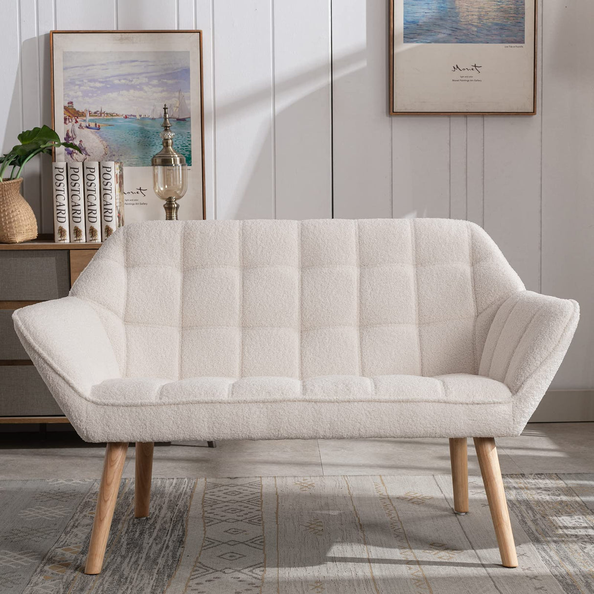 48" Small Loveseat for Small Spaces, Upholstered Fluffy White Loveseat Sofa,