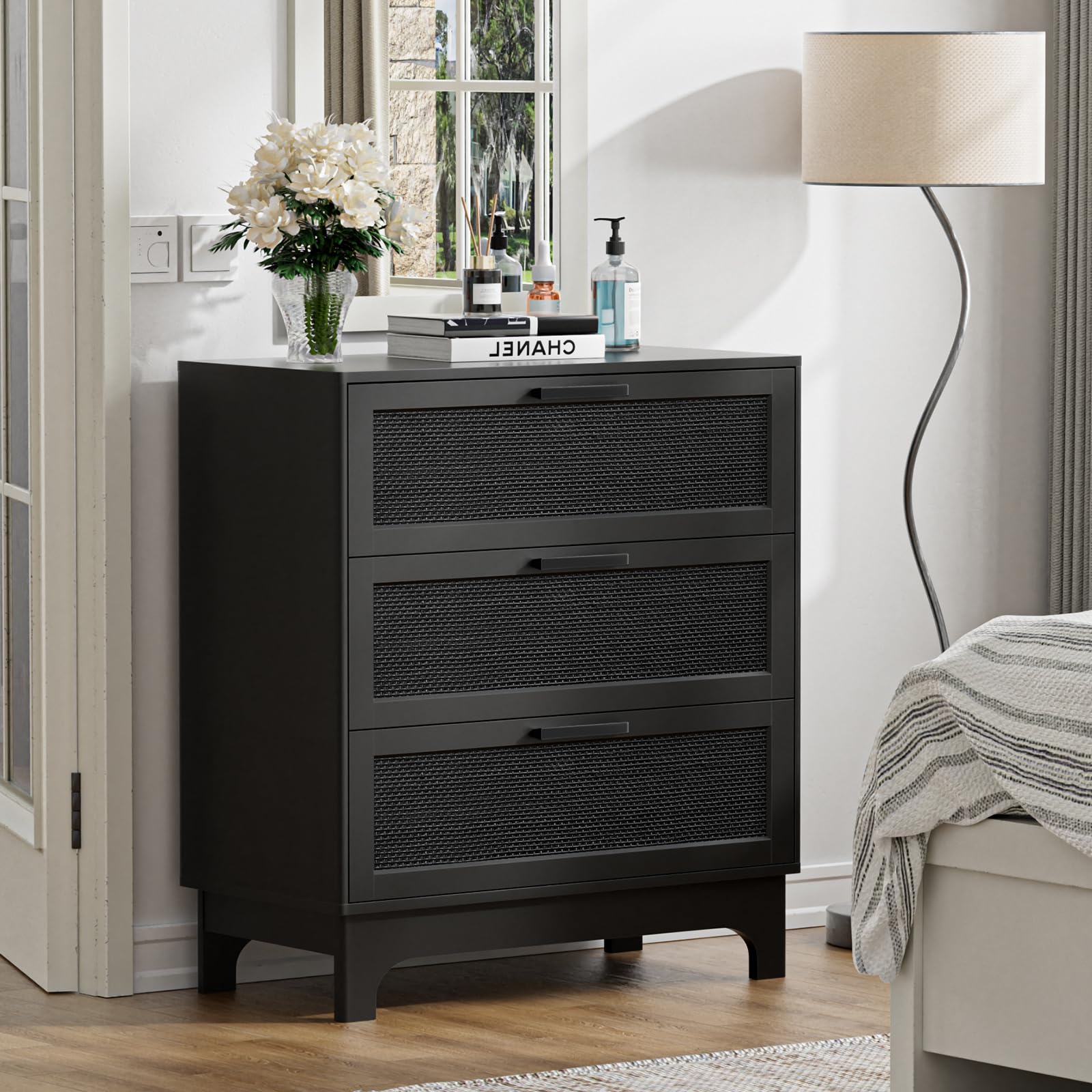 35" H Black Rattan Dresser, Farmhouse 3 Drawer Dresser
