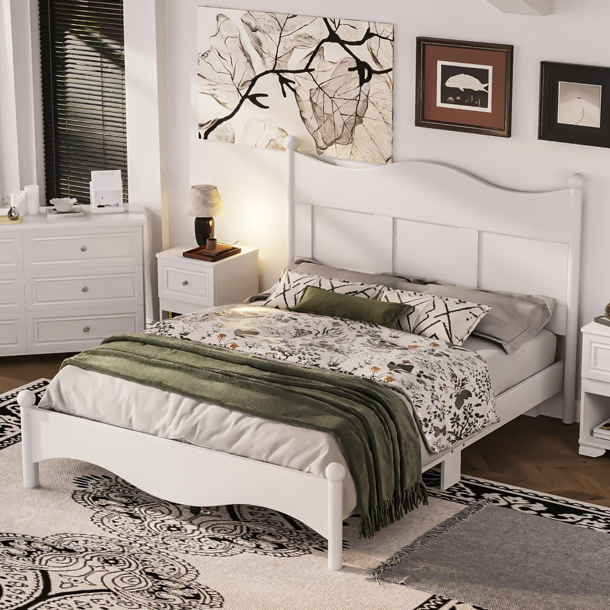 JIJIWANG Queen Size Elegant Design Wood Platform Bed Frame,Retro Style Platform Bed with Wooden Slat Support,for Kids Teens Adults Bedroom White