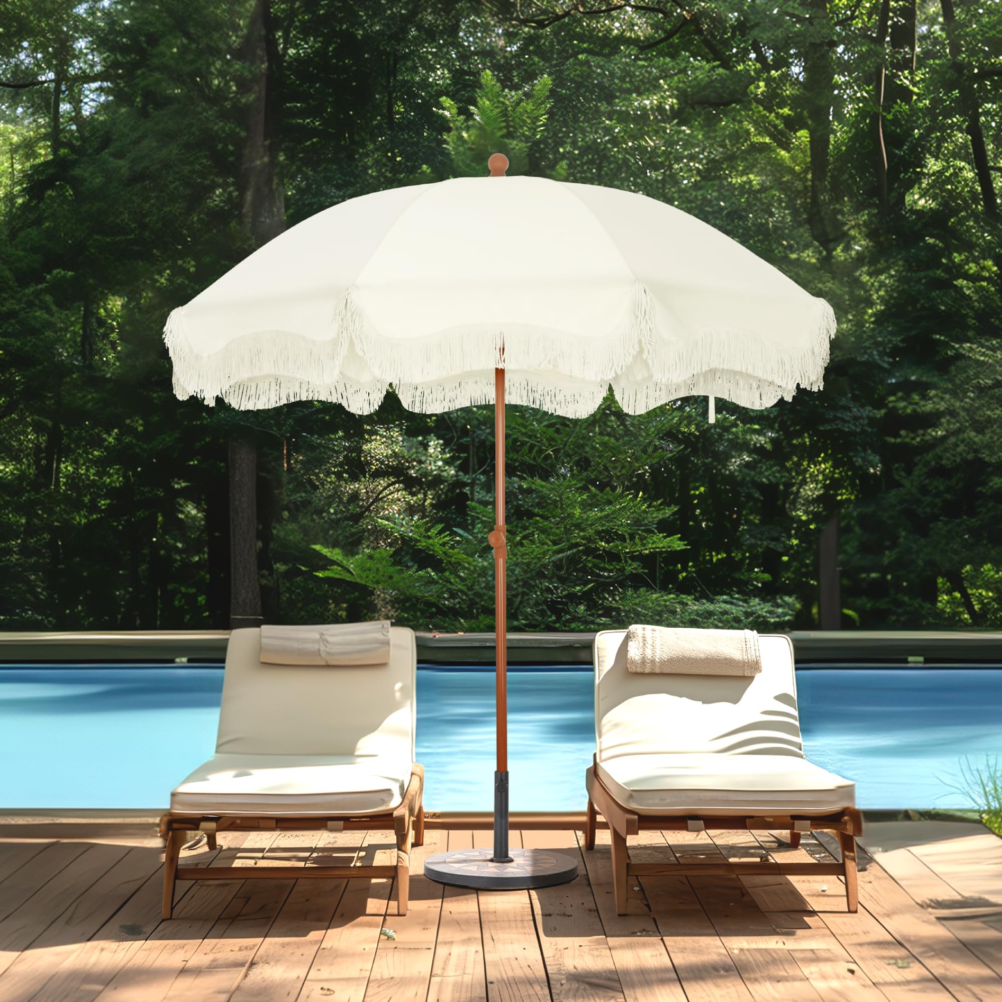 7ft Patio Beach Umbrella with Fringe, Tassel Umbrellas UPF50+ with Sand Anchor & Tilt