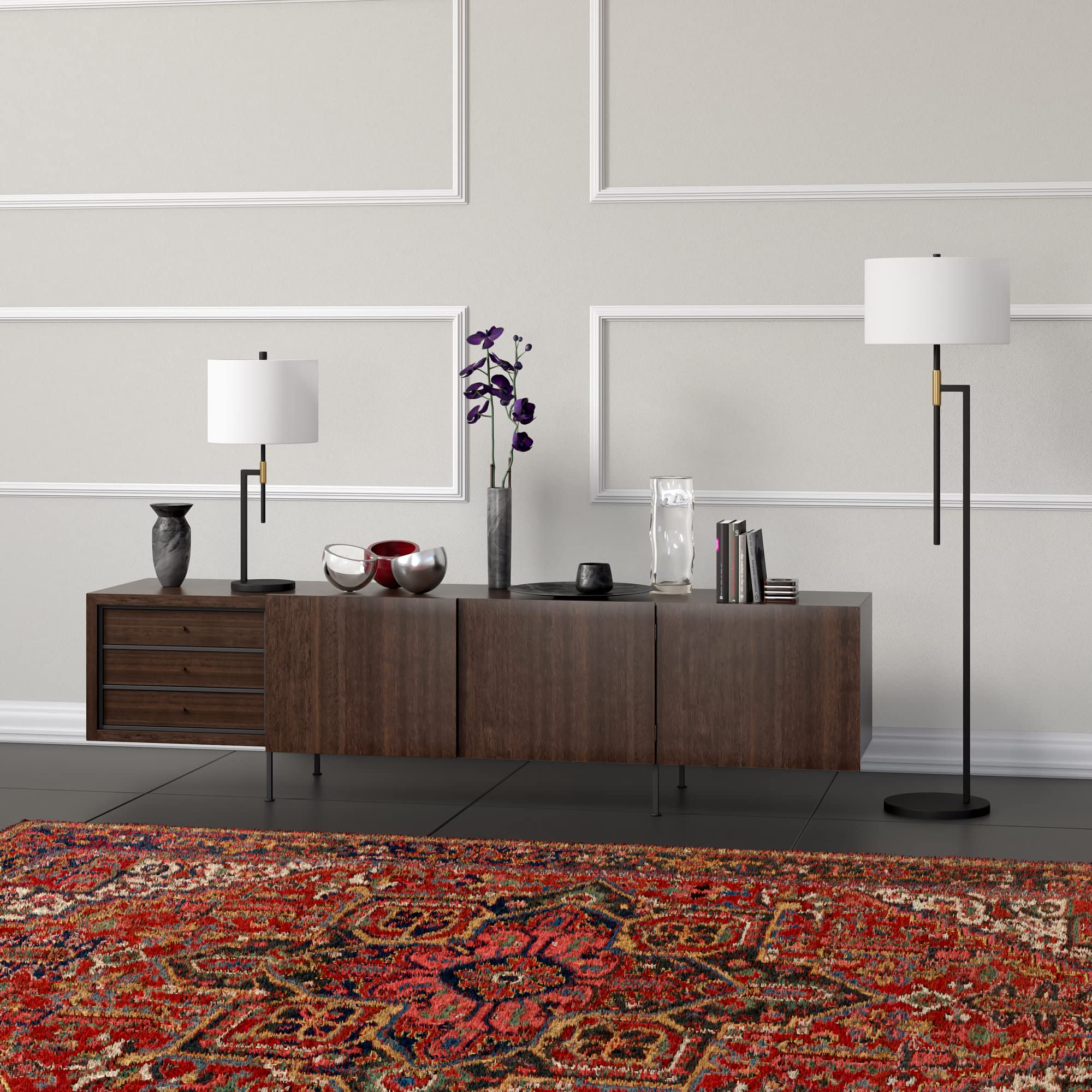 25" Tall Table Lamp with Fabric Shade in Matte Black/Brass