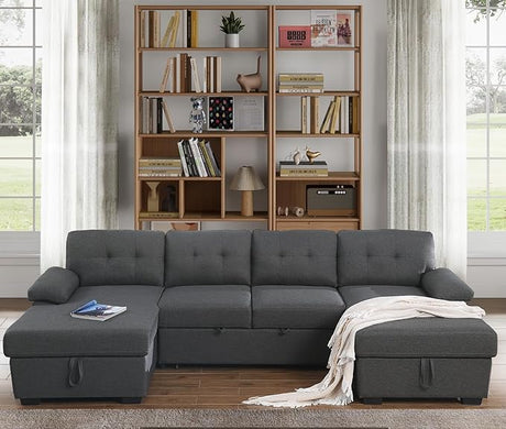 Sleeper Sofa Couch Modular Sectional Sofa Sleeper with Pull Out Bed 6 Seater Sleeper Couch with Storage U Shaped Sofa Bed Couch for Living Room, Dark Grey