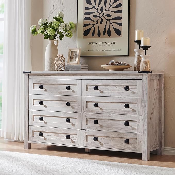6 Drawer Dresser for Bedroom, 54 Inch Wide Rustic Wood Dresser