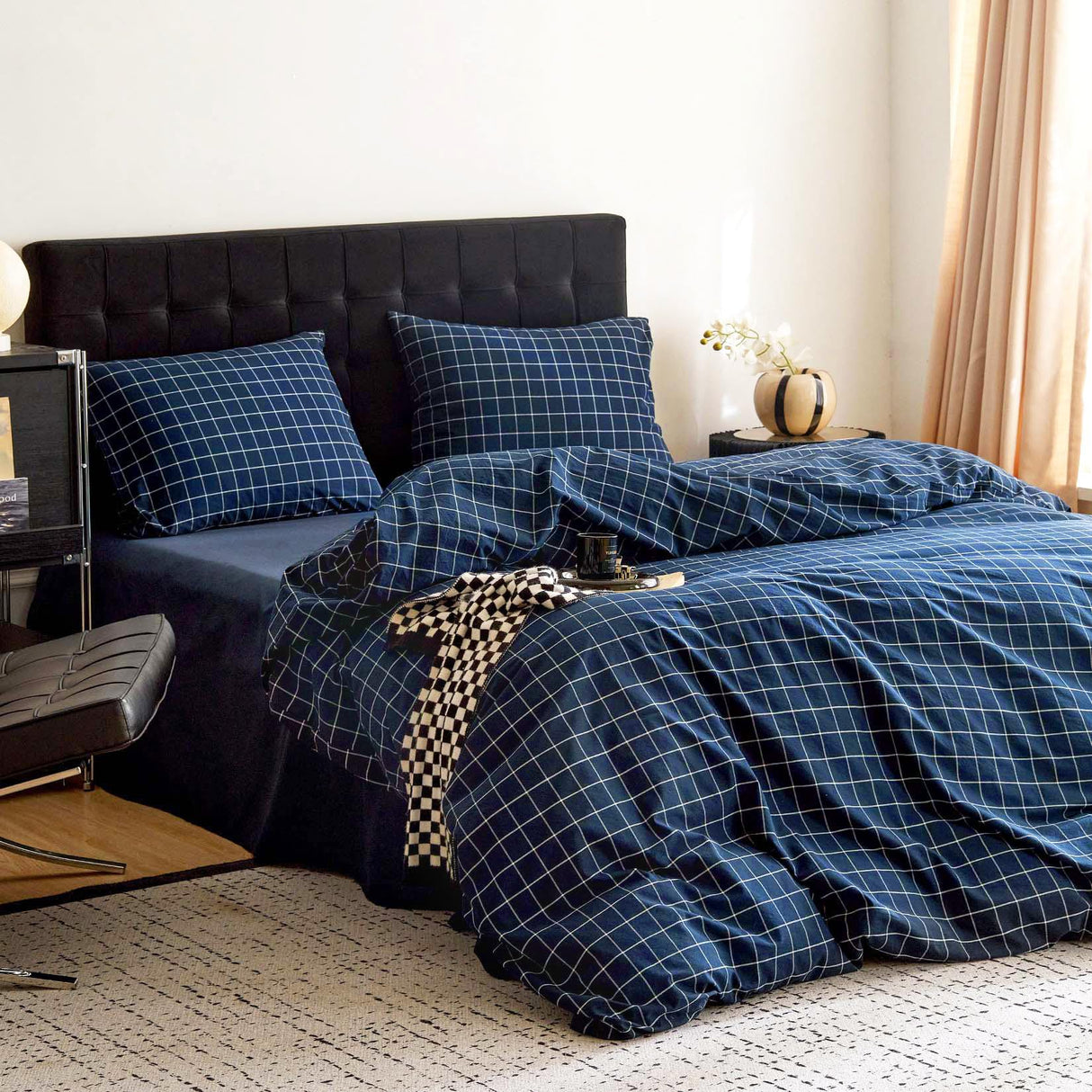 Cloud - Grid Cotton Duvet Cover Set, Plaid Checkered Geometric Farmhouse