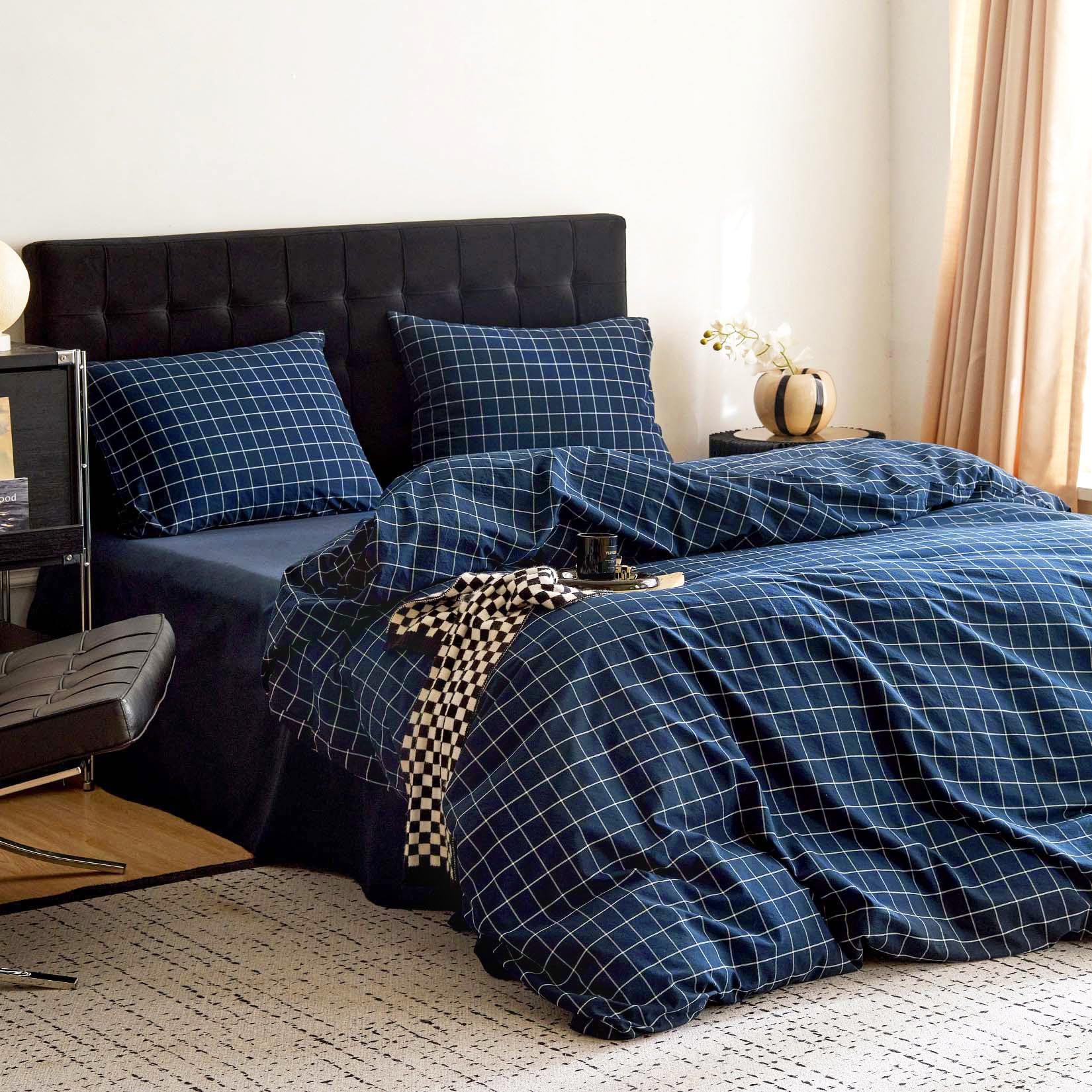 Cloud - Grid Cotton Duvet Cover Set, Plaid Checkered Geometric Farmhouse