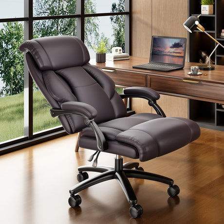 Reclining Office Chair, High Back Executive Office Chair 400lbs, Brown Leather Home