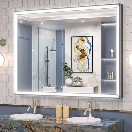 Black LED Bathroom Mirror 40” x 30” with Frontlit, 3X Ultra Brightness, 45° Angled Light,