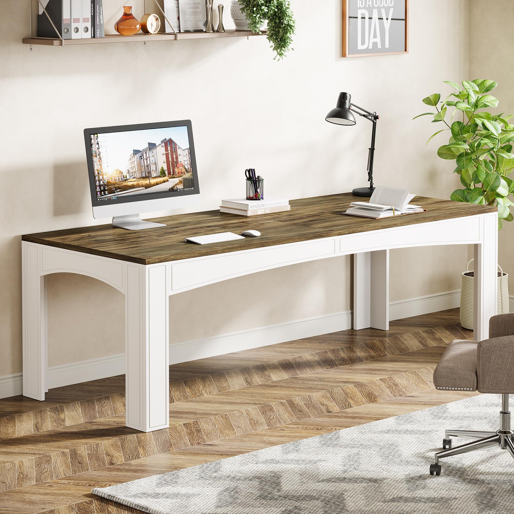 78.74-Inch 2-Person Desk, Extra Long Computer Desk for Two People, Wooden Large Double Desk Work Study Writing Desk for Home Office, Brown & White