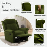 360° Swivel Recliner, Velvet Rocking Recliner Upholstered Recliner Chair, Rocker with Adjustable Backrest Nailhead Trims, Green