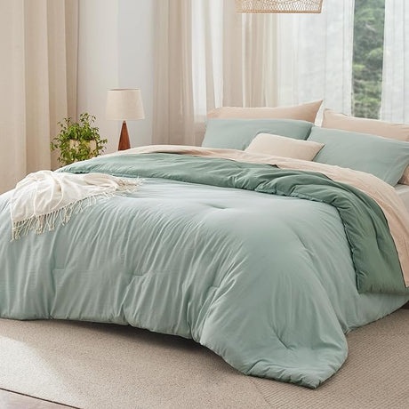 Bedding Comforter Sets Queen, Reversible Beige and White Prewashed Bed Comforter