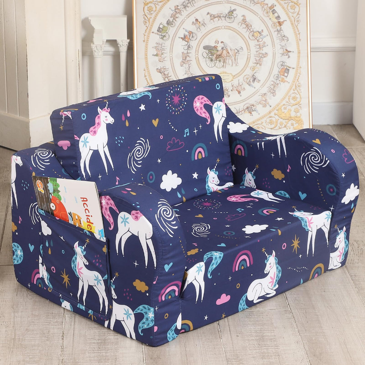 Rainbow Unicorn Kids Sofa, 2-in-1 Kids Couch Fold Out, Convertible Sofa to Bed for Girls and Boys