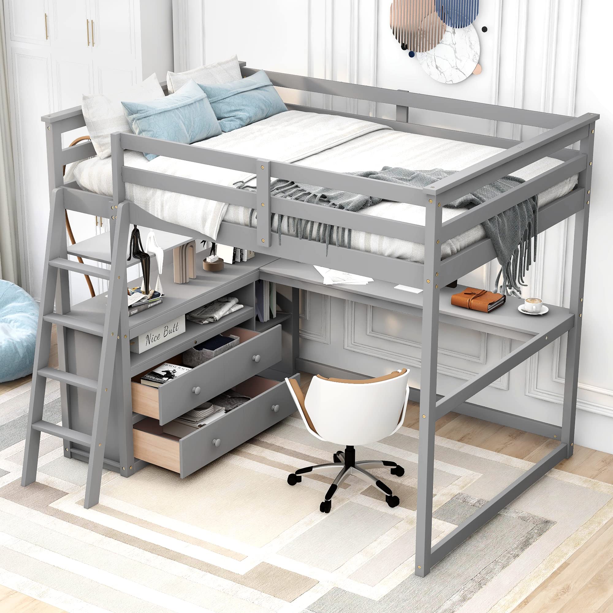 Full Size Loft Bed with Desk Wood Loft Bed Frame with Shelves, and 2 Built-in Drawers