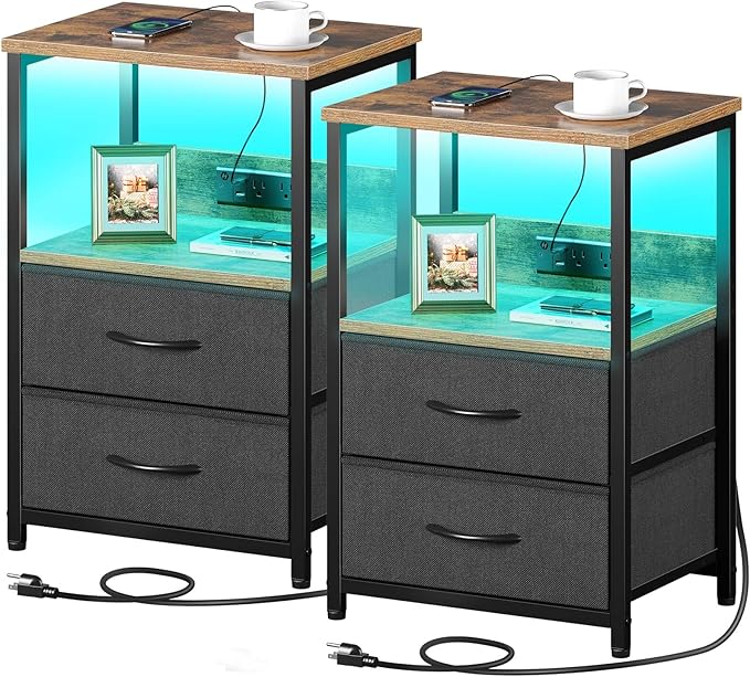Nightstand Set of 1/2 with Charging Station, Bedside Table with LED Lights