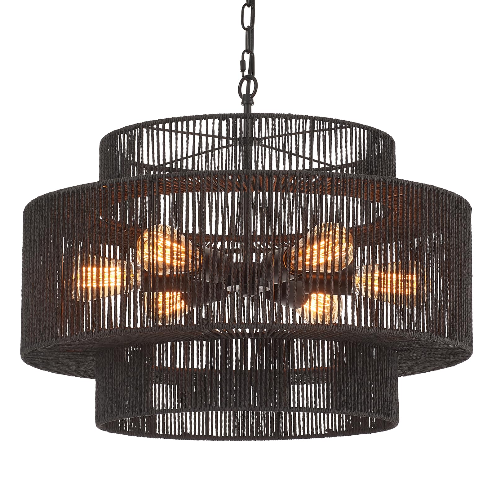 Widluth Hand-Woven Rattan Chandelier Vintage 6-Light Farmhouse Boho Bamboo Chandeliers Light Fixture 23.6" Retro 3-Tier Drum Wicker Rattan Black Chandelier for Dining Room, Kitchen Island, Bedroom