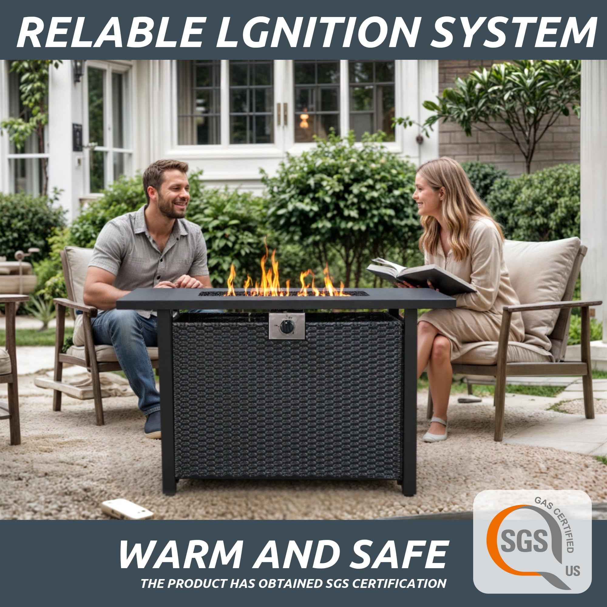 NIGOME Propane Fire Pit Table,Out Door Fire Pits & Fireplaces,Gas Fire Pit with Lid and Lava Rock.Square Black Fire Pit Table on Patio Deck & Garden Backyard. (Raven‌ Black, 43-inch)