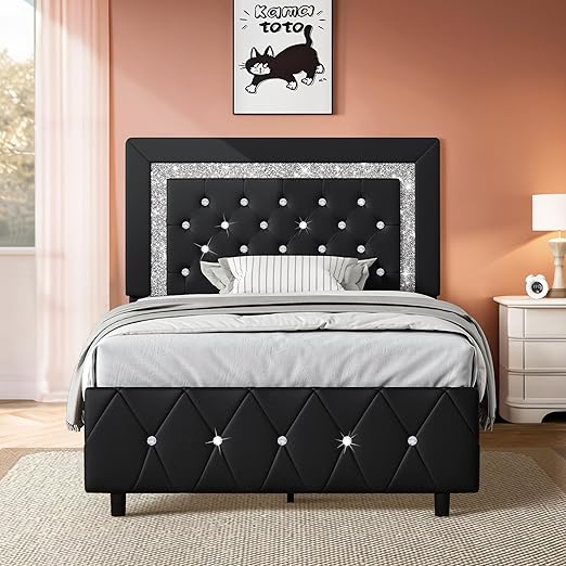 Twin Bed Frame for Girls, Cute Bed Frame Twin Size with Diamond Tufted Headboard,