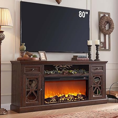 Farmhouse Fireplace TV Stand with 36" Electric Fireplace for 80 Inch TVs, 31" Tall