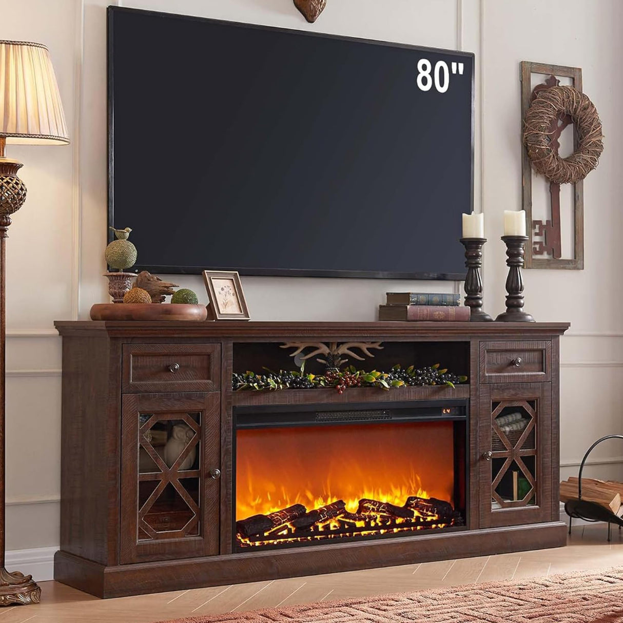 Farmhouse Fireplace TV Stand with 36" Electric Fireplace for 80 Inch TVs, 31" Tall