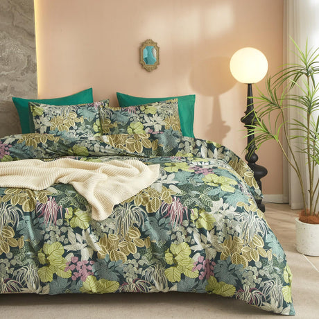 Green Leaves King Size Comforter Set, Soft Fluffy Botanical Floral Bedding Set for Women