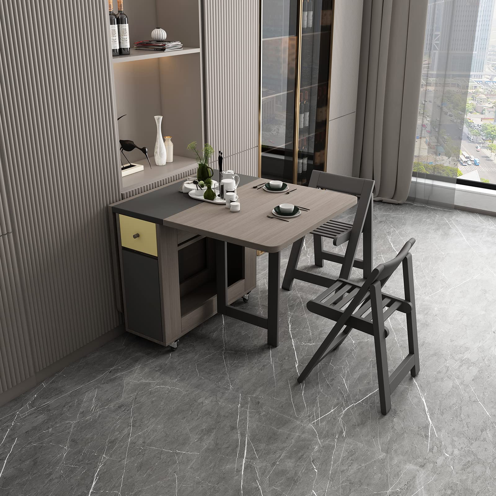 Folding Dining Table with Storage Rack and 2 Drawers