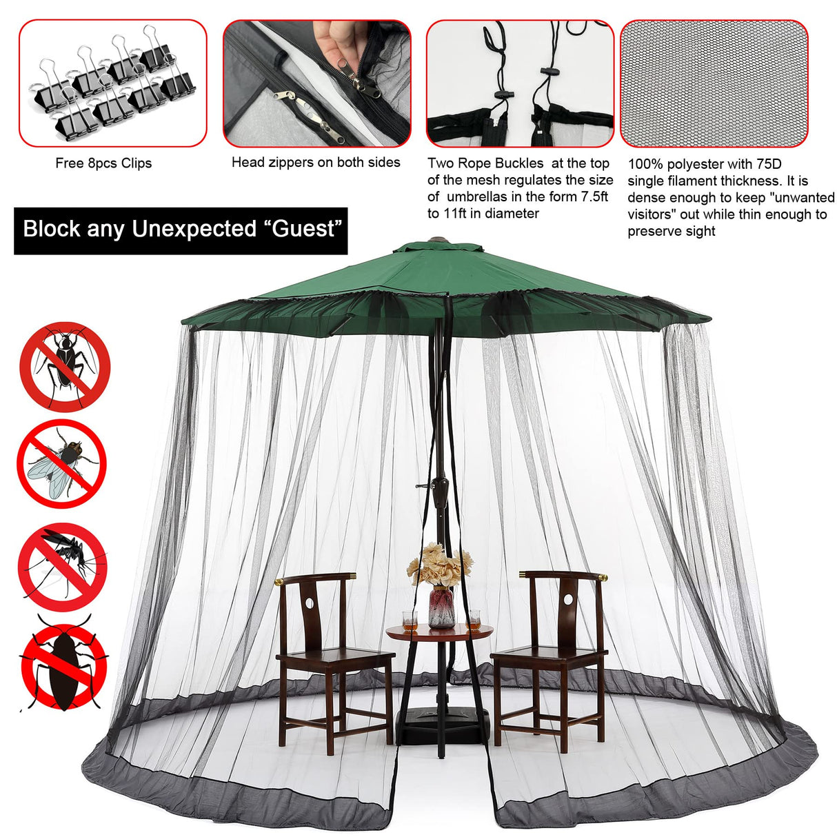 Black Patio Umbrella Mosquito Net, with Double Zipper Door, Polyester Mesh Screen,