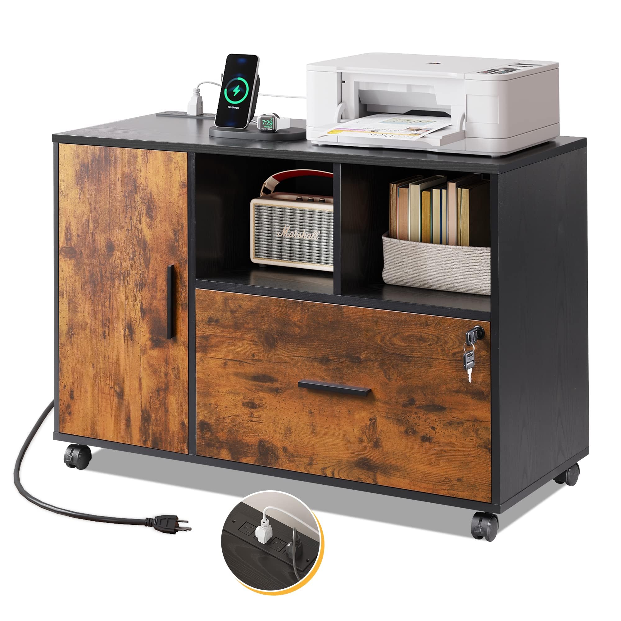 File Cabinet with Charging Station, 1 Drawer Rolling File Cabinet