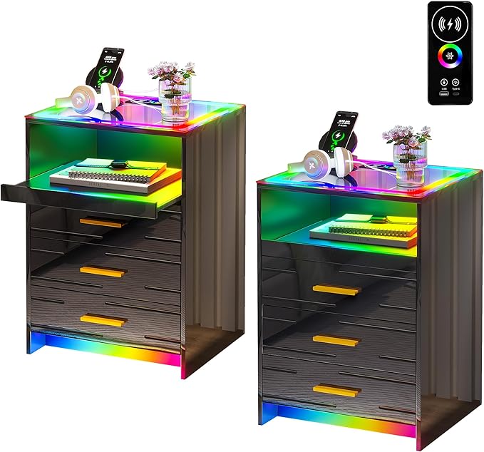 Nightstand Set of 2 with Wireless Charging Station