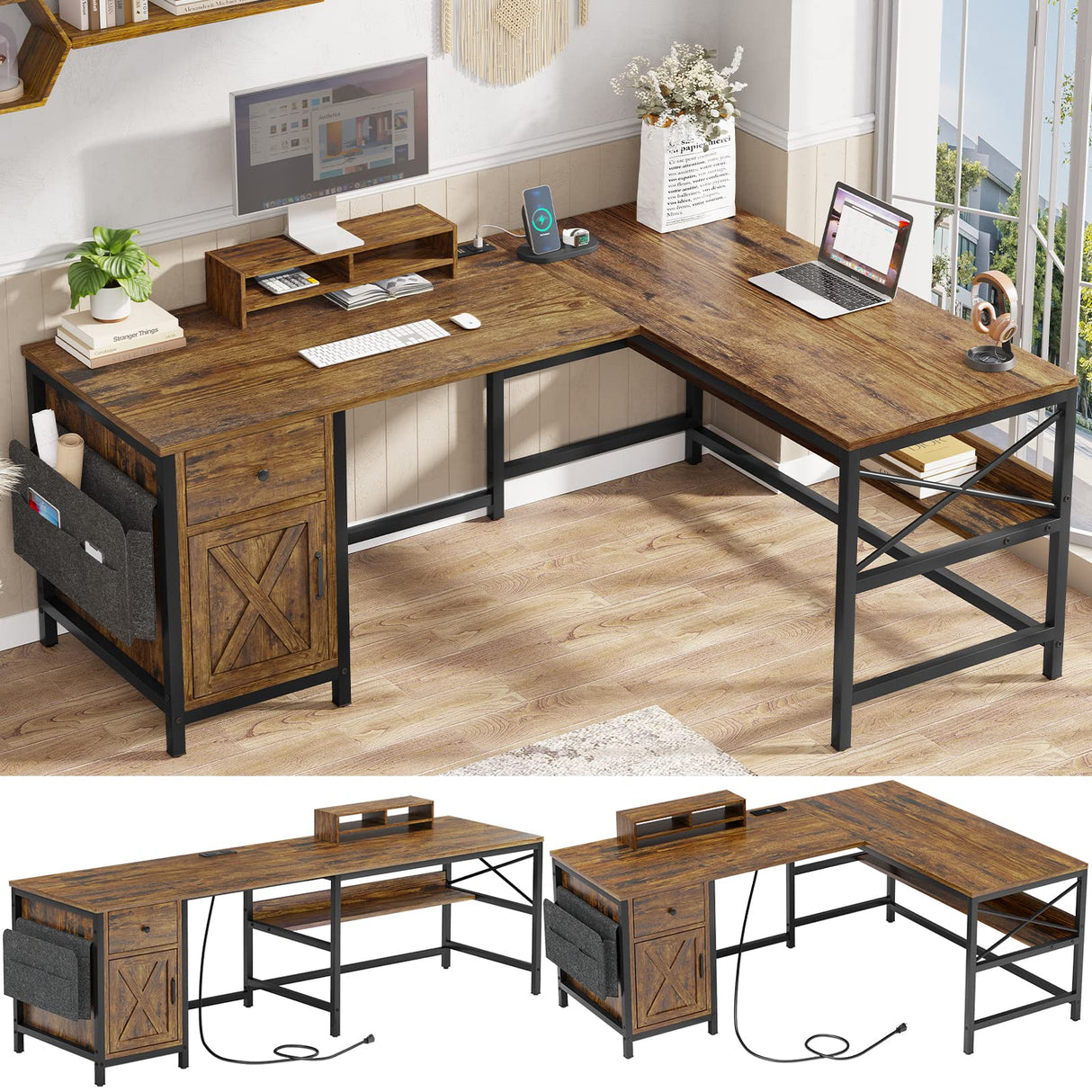 63" L Shaped Desk, Convertible Long Home Office Desk or Corner De