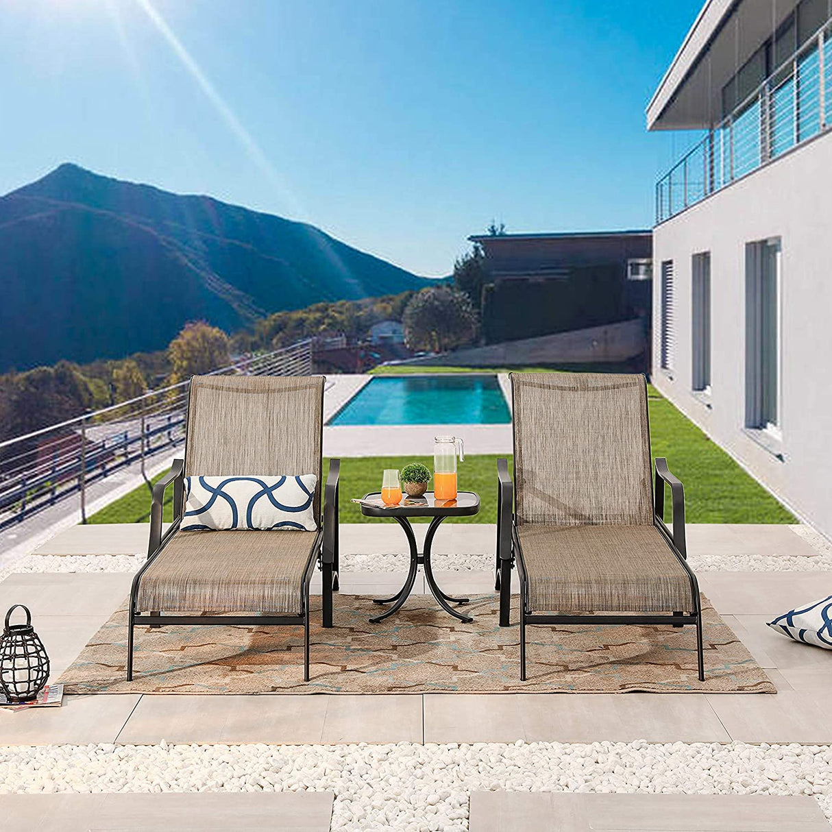 Patio Chaise Lounge Outdoor Adjustable Back Metal Lounge Chair with Bistro Table 3 Pieces