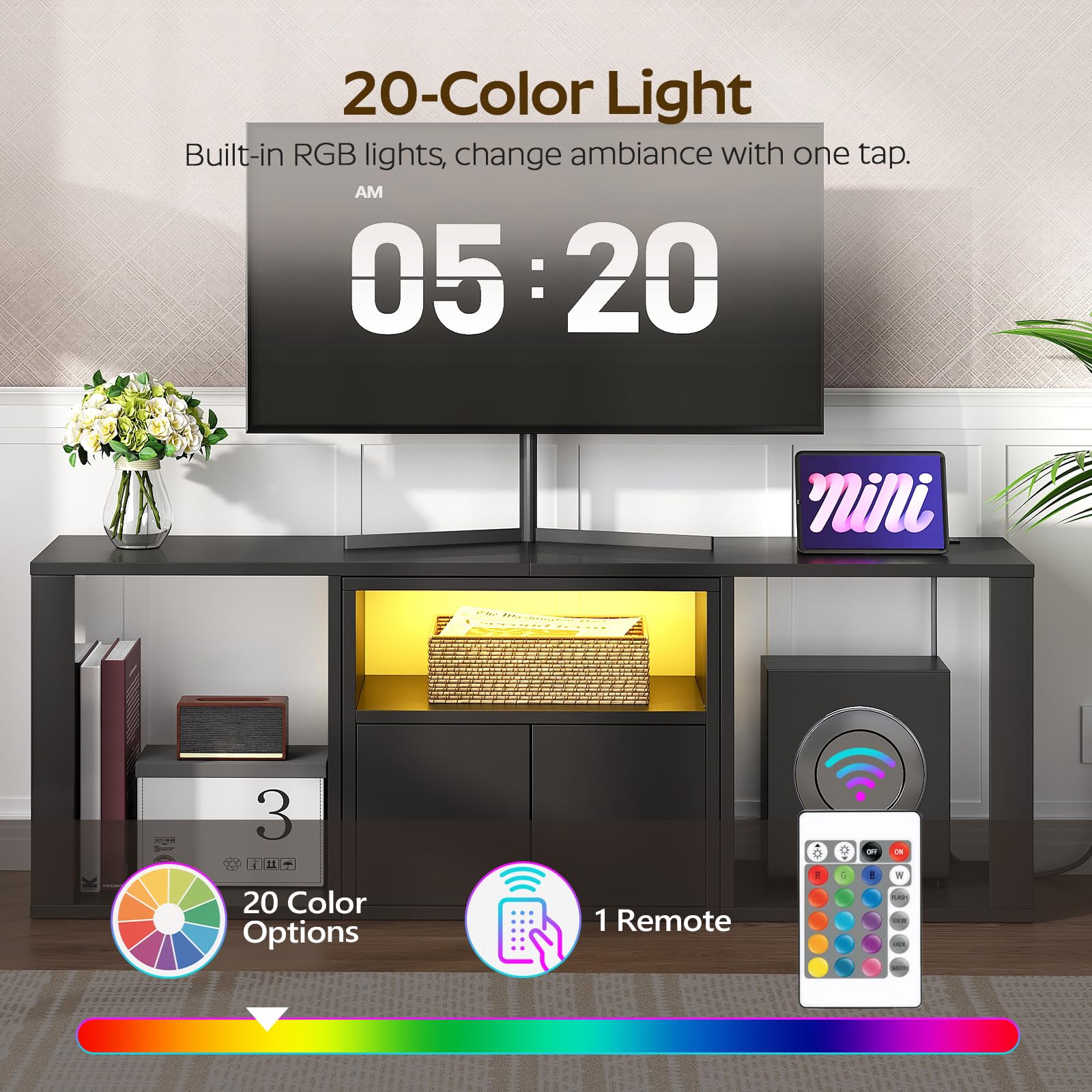 TV Stand with Power Outlet & LED Lights for 65" TVs