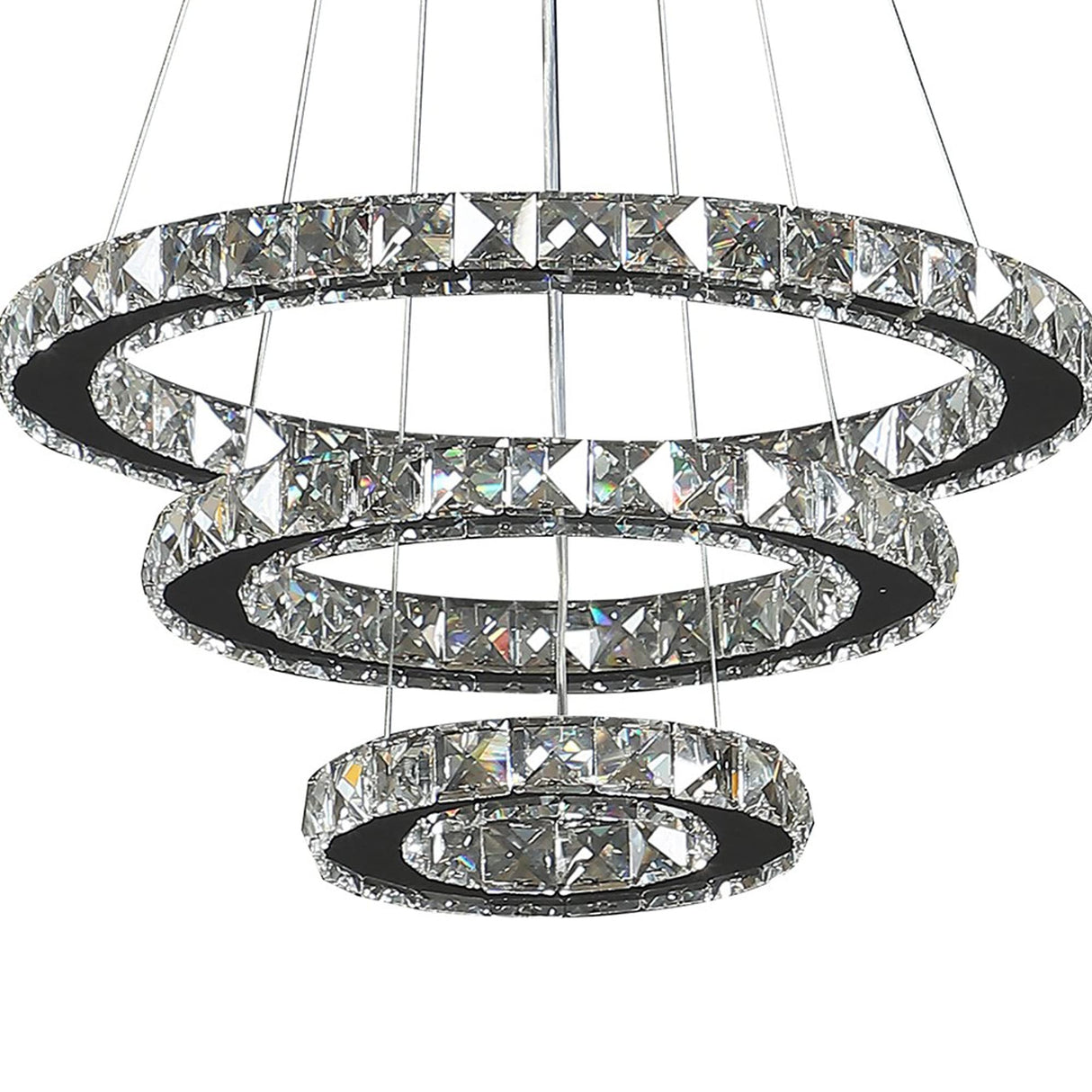 12-47 Inch Ringed Adjustable Chandelier, 3 Circles Design, Chrome Silver