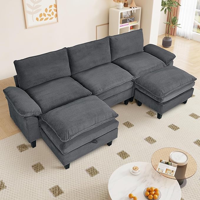 L Shaped Modular Sectional Sofa, 118" Corduroy Cloud Sectional Couch