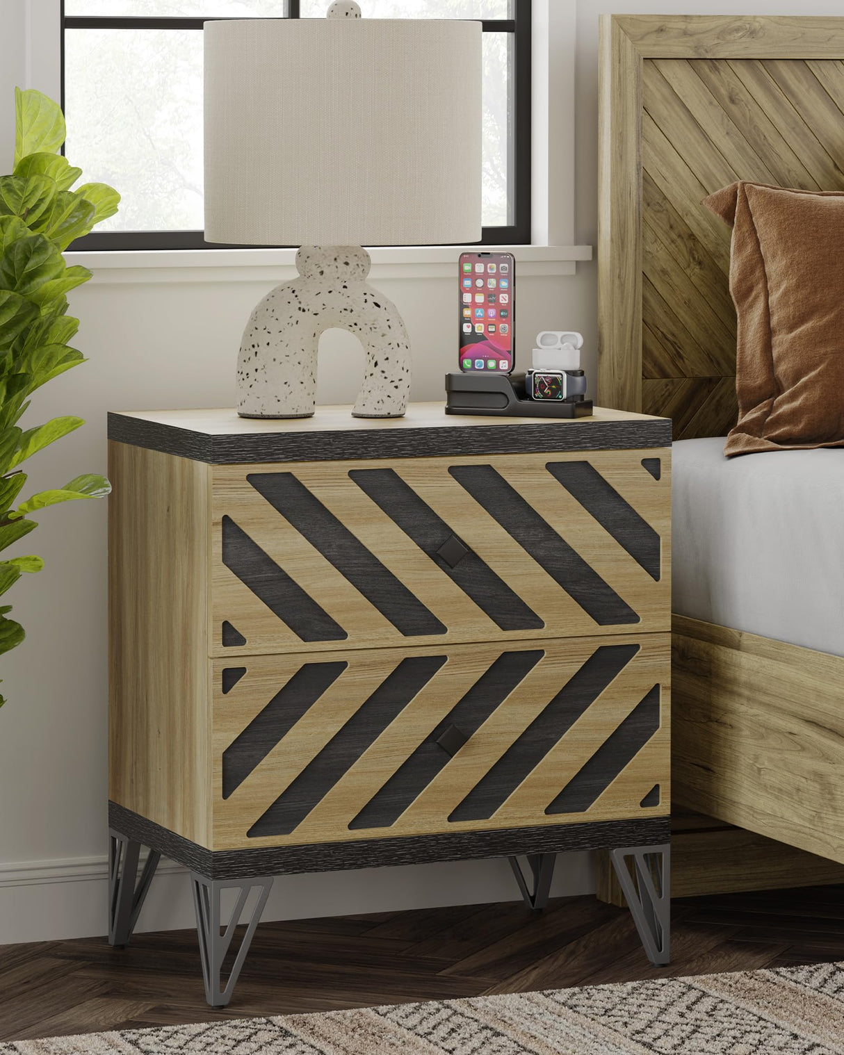 Large Night Stand Set of 2 - Modern Bedside Table Wide Nightstands