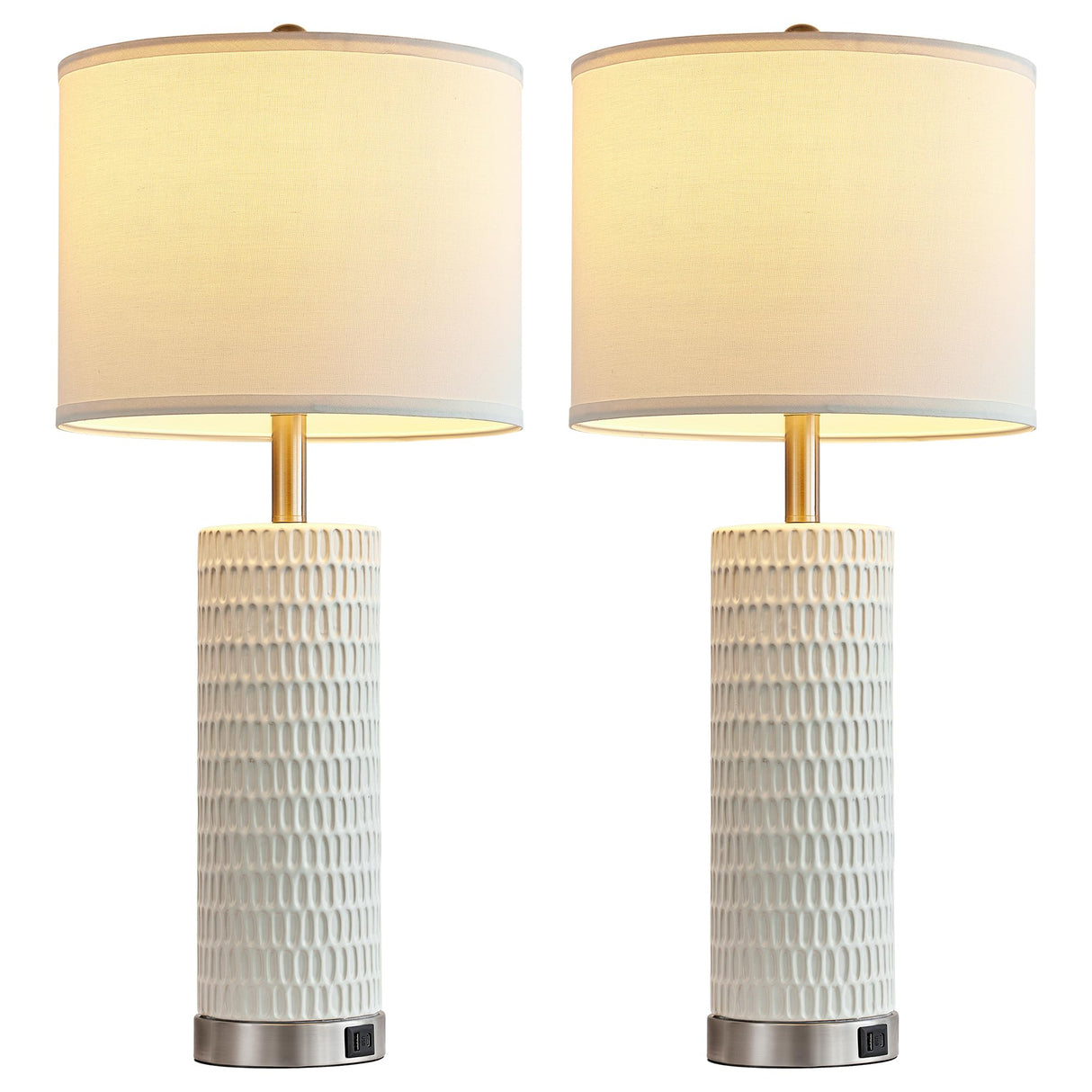 White Ceramic Table Lamps Set of 2 with USB Charging Ports