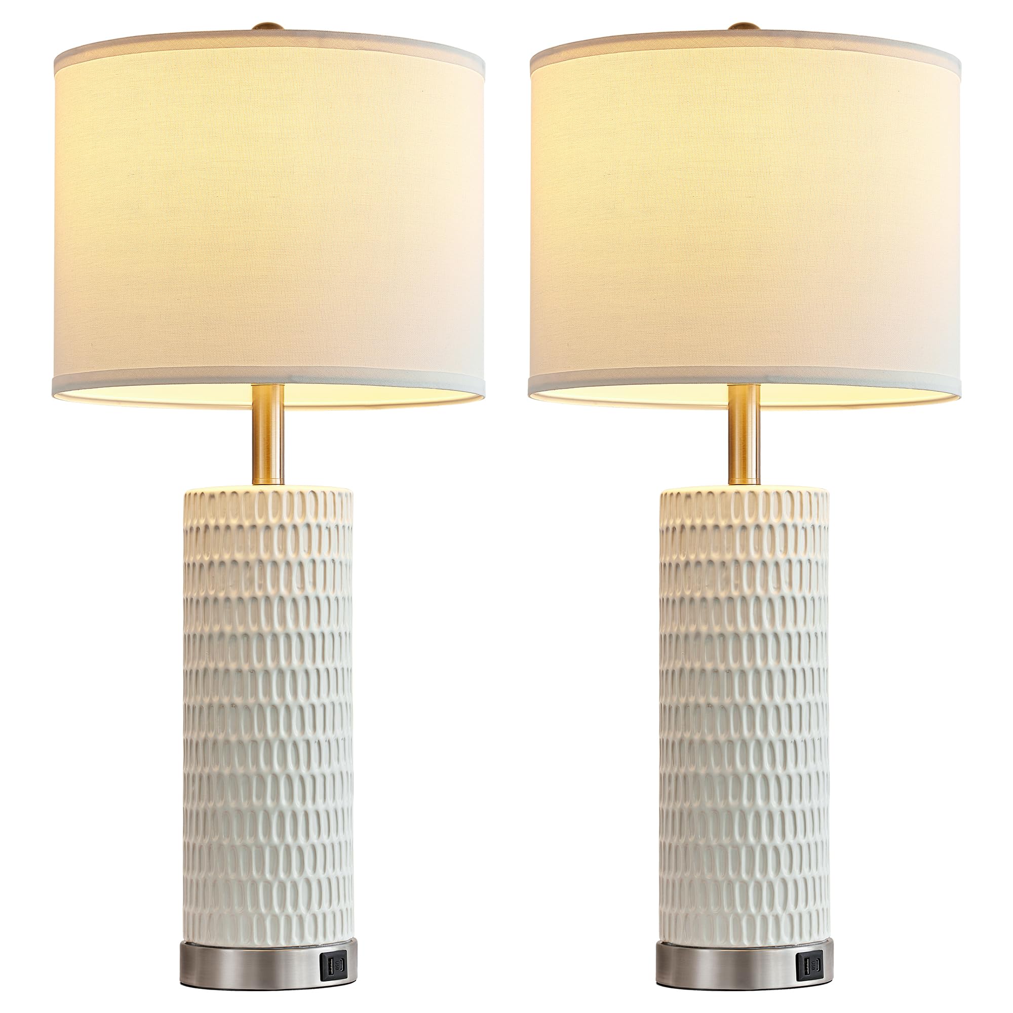 White Ceramic Table Lamps Set of 2 with USB Charging Ports