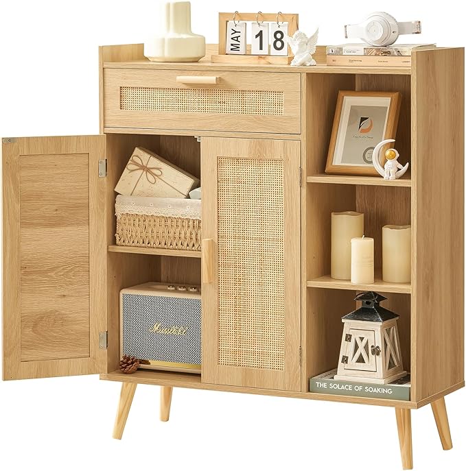 Storage Cabinet with Rattan Doors, Rattan Sideboard Cabinet with 1 Large Drawer,