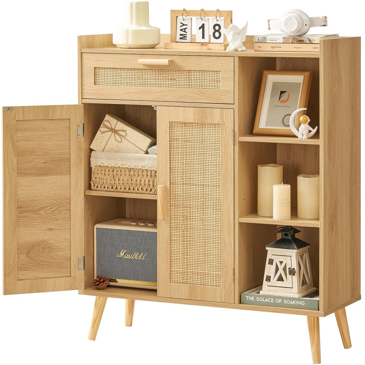 Storage Cabinet with Rattan Doors, Rattan Sideboard Cabinet with 1 Large Drawer,