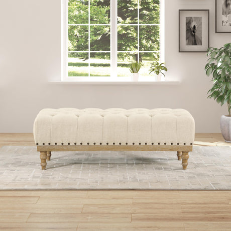 Abigail Bench with Tufted Top and Antique Bronze Nailheads, Linen Fabric