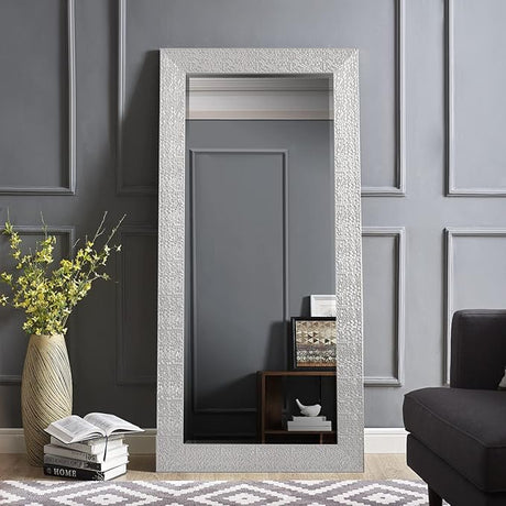 Oversized Full-Length Mirror – Large Mosaic Decorative Wall Mirror with Faux Wood Frame – Elegant Tall Full-Body Floor Mirror in Silver for Bedroom and Living Room