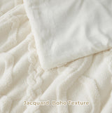 Fluffy Queen Size Comforter Set Cream, Jacquard Boho Texture Sherpa Bed Set