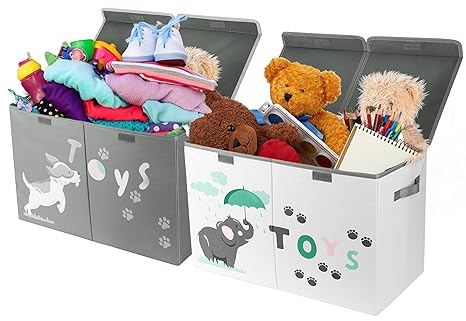 Large Toy Box (2pc) - Lightweight Collapsible Sturdy Toy Storage Chest w/Flip-Top Lid & Handles