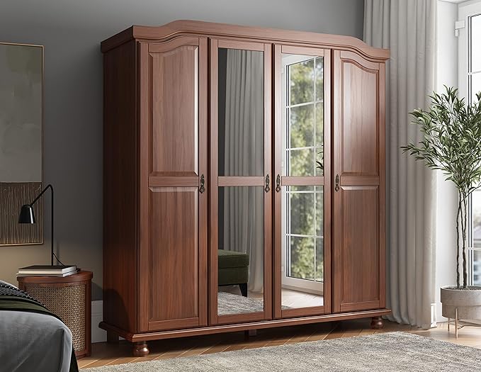 100% Solid Wood Kyle 4-Door Wardrobe/Armoire/Closet with Mirrors, White