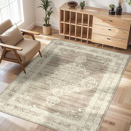 Area Rugs for Living Room Washable, Neutral Vintage Rug Large for Dining Room Bedroom Carpet Farmhouse Non Slip Low Pile Pet Friendly Area Rug 9 by 12 Indoor - Beige