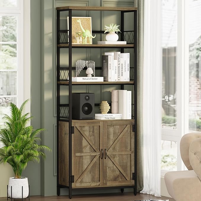 Farmhouse Bookshelf with Storage, Industrial Tall Book Shellf with Doors, Rustic Wood Bookcase with Cabinet for Home Office, Living Room, Classroom (Walnut Brown)