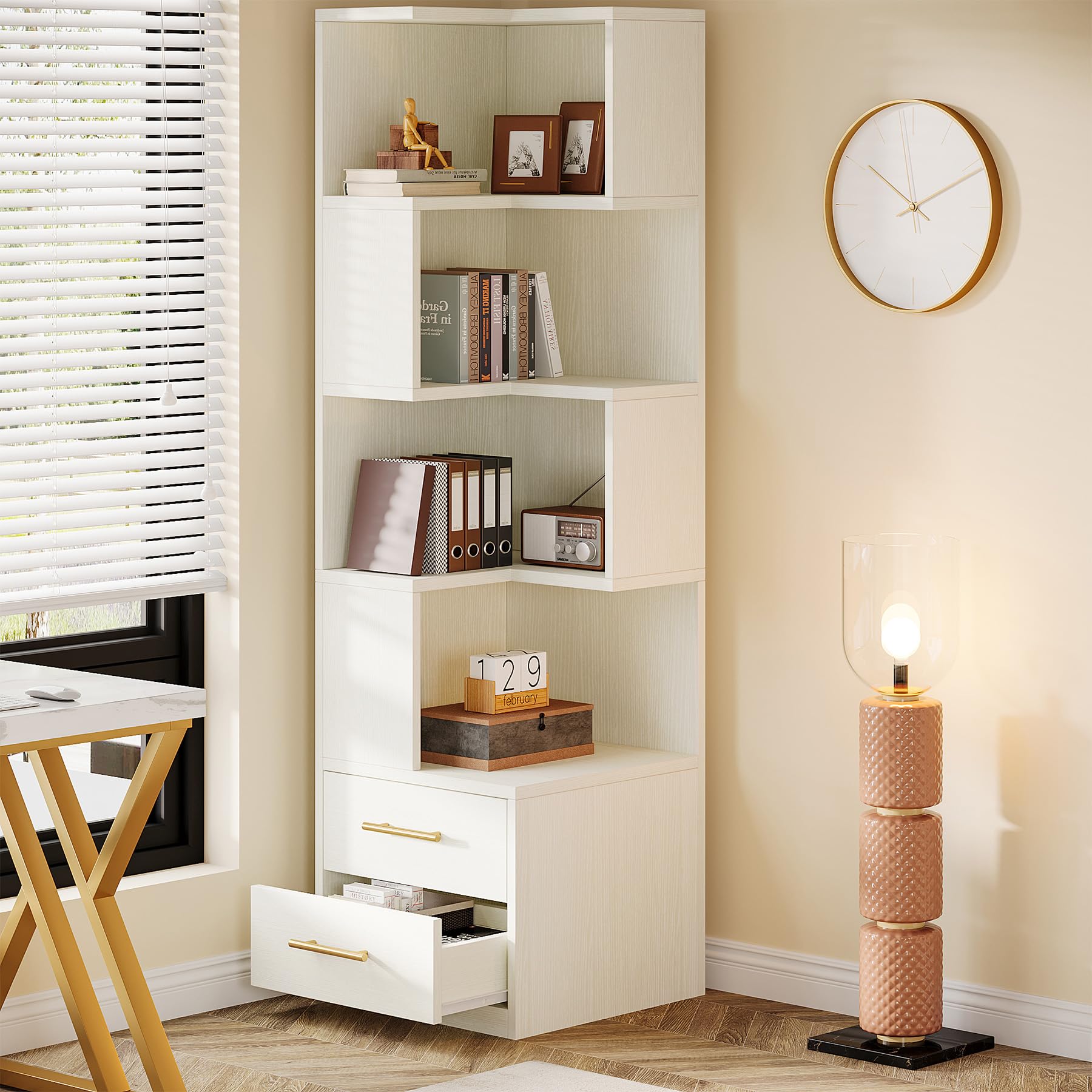 5-Tier Corner Bookshelf with 2 Drawers, 66.9-Inch Tall Corner Bookcase Shelf