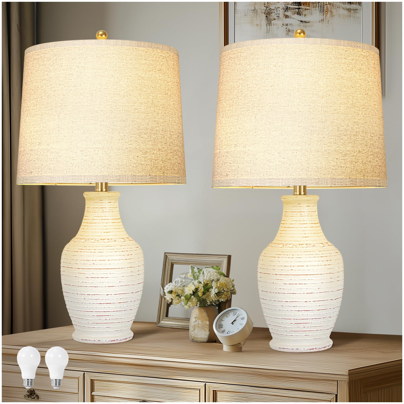 23" Ceramic Table Lamps Set of 2 with 3-Way Dimmable Bulbs